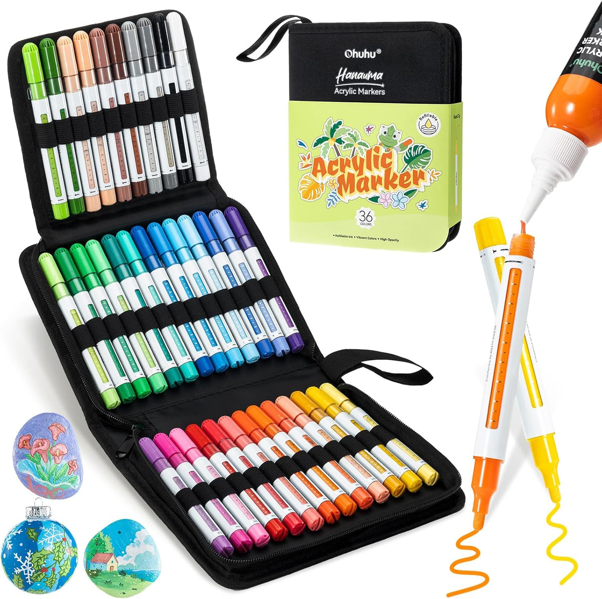 Ohuhu Hanauma Set 36 Markere Acrilice, Vârf Rotund, Vopsea Cu Opacitate Ridicată Pentru Pictat Pietre, Hârtie, Ouă, Lemn, Sticlă, Ceramică Y30-80601-98