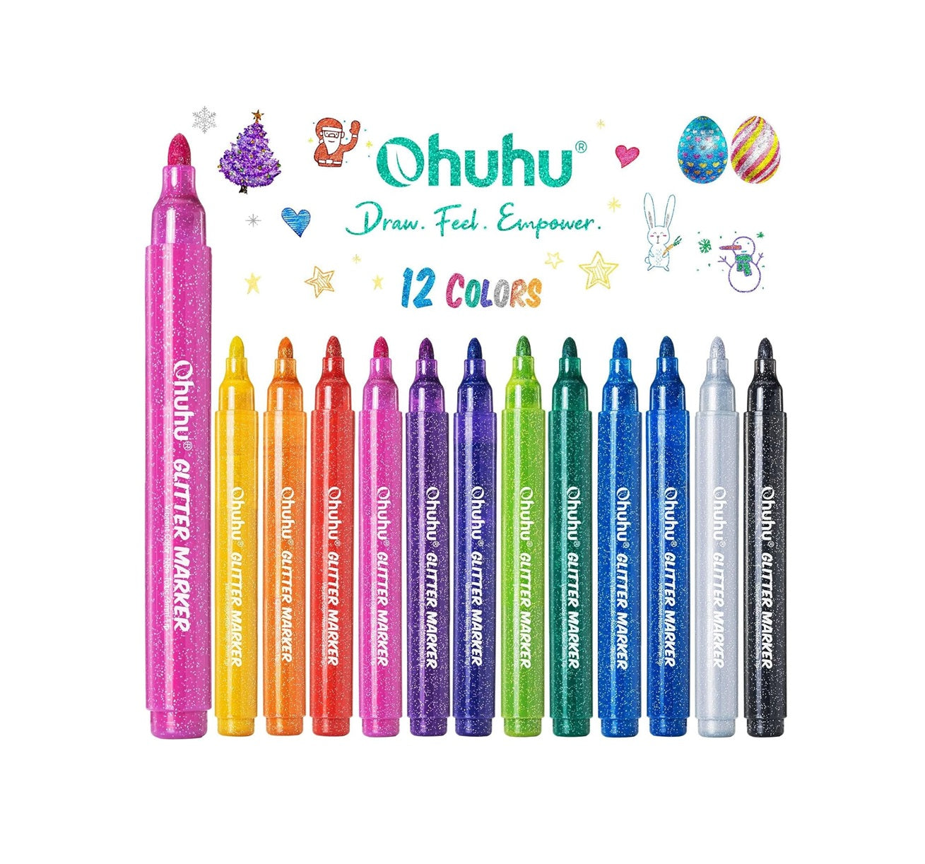 Ohuhu Set 12 Markere Glitter Metallic, Baza Apa, Varf Rotund 3.0 mm, Multicolor Y30-80601-97