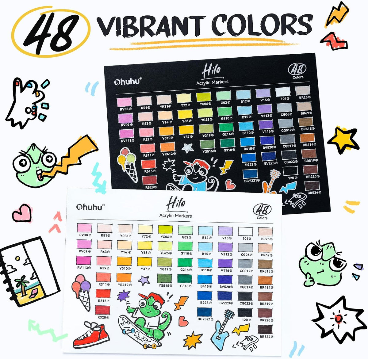 Ohuhu Hilo Set 48 Markere Acrilice, Direct-ink, Baza Apa, Varf Flexibil, Pentru Sticla, Ceramica, Pietre, Lemn, Plastic, Hartie, Panza, Multicolor Y30-80602-15