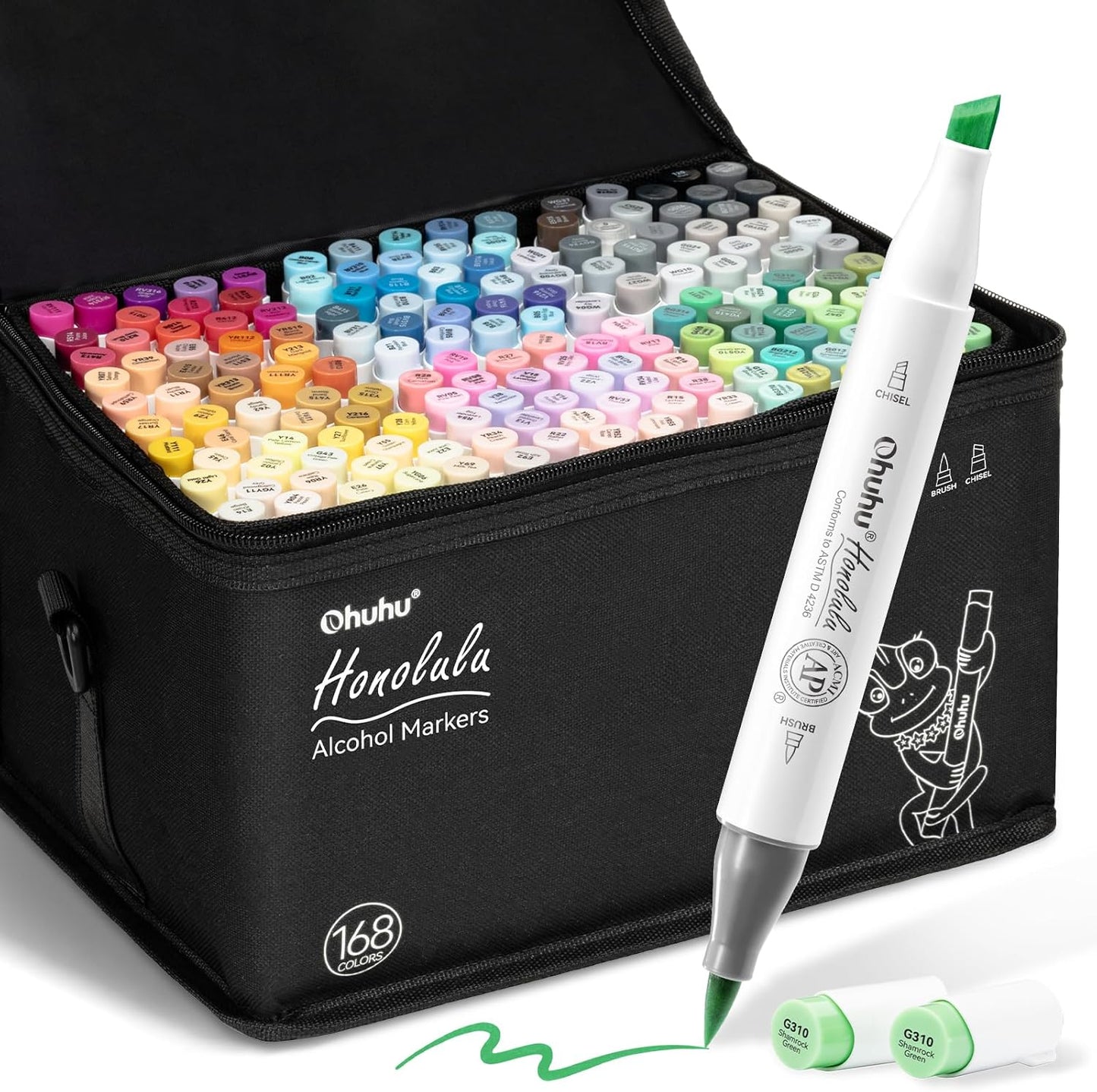 Ohuhu Honolulu Set 168 Markere, Baza Alcool, Dual Tips Brush&Chisel, Multicolor Y30-80404-05