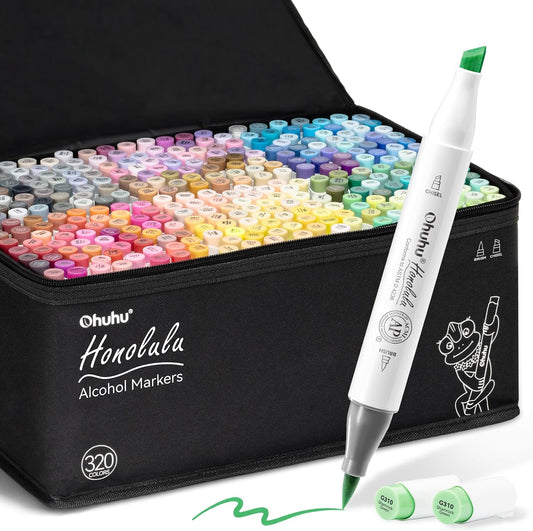 Ohuhu Honolulu Set 320 Markere, Baza Alcool, Dual Tips Brush&Chisel, Multicolor Y30-80404-11