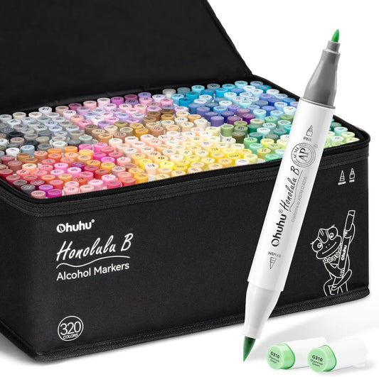 Ohuhu Honolulu Set 320 Markere, Baza Alcool, Dual Tips Brush&Fine, Multicolor Y30-80404-77