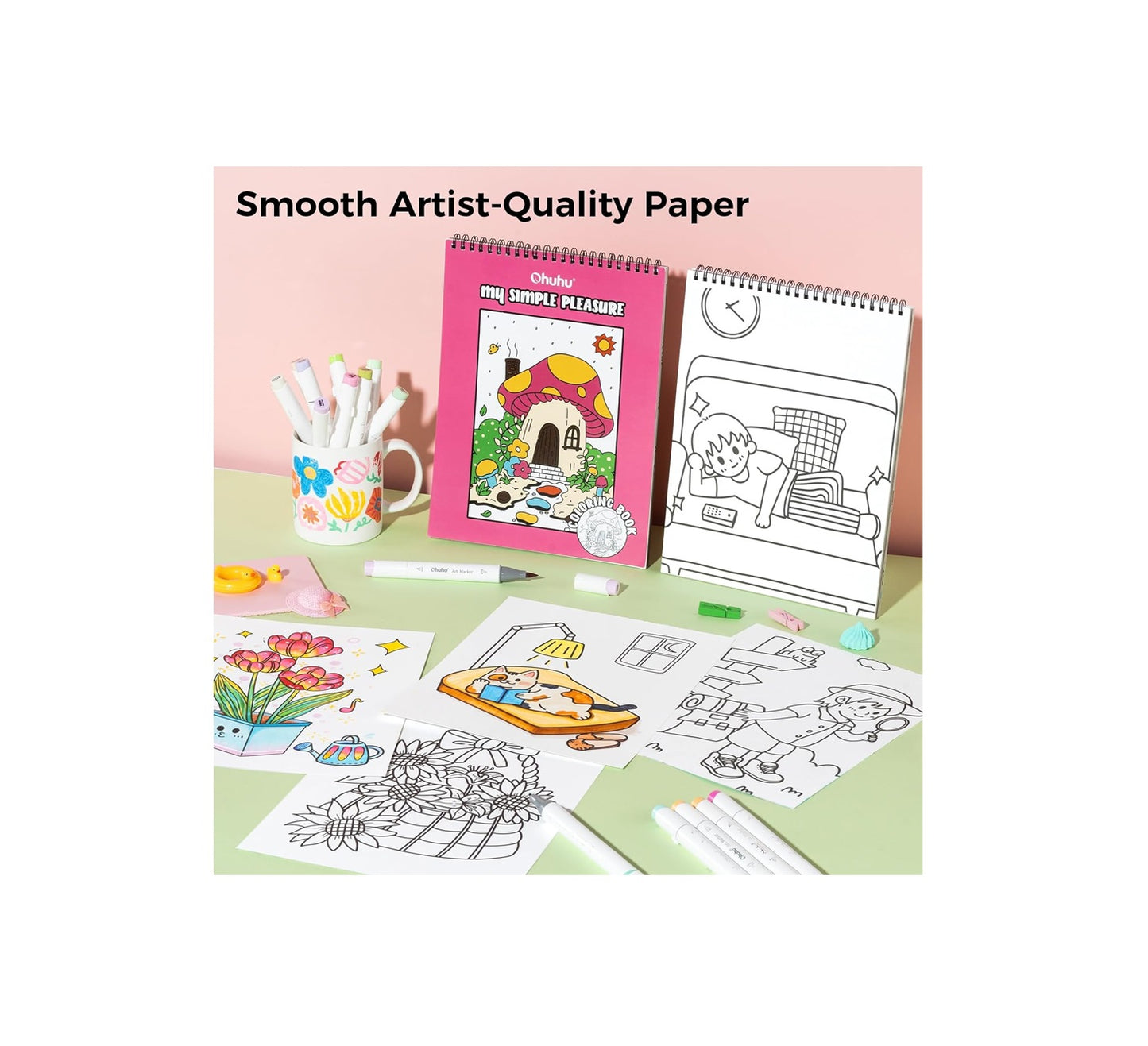 Ohuhu Carte De Colorat „My Simple Pleasure” – 40 Modele Față-Verso, Hârtie Groasă, Spirală, 20x25 cm, Y44-83000-65