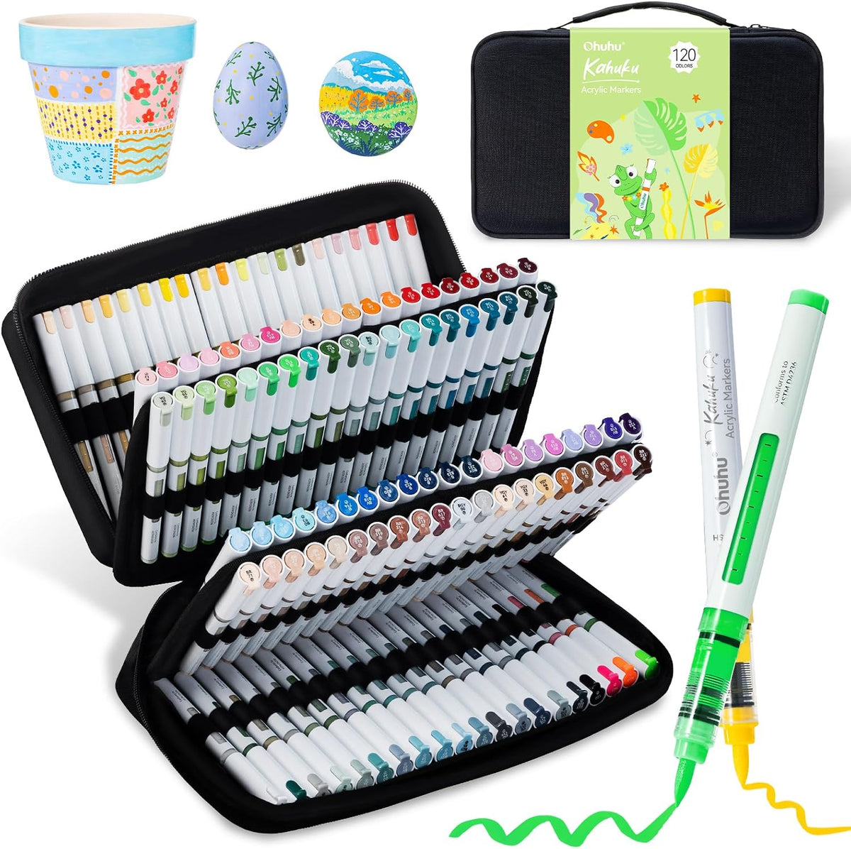 Ohuhu Kahuku Set 120 Markere Acrilice, Direct-Ink, Baza Apa, Varf Rotund, Pentru Sticla, Ceramica, Pietre, Lemn, Plastic, Hartie, Panza, Multicolor Y30-80602-05