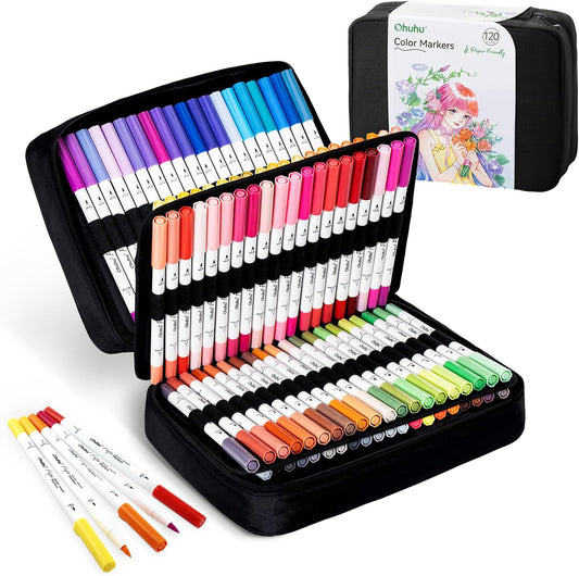 Ohuhu Pupe Set 120 Markere Paper Friendly, Bază Apă, Fără Peeling, Varf Dublu Brush & Fineliner, Non Toxic, Multicolor, Y30-80601-81