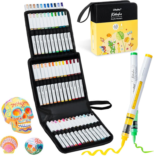 Ohuhu Kahuku Set 48 Markere Acrilice, Direct-Ink, Baza Apa, Varf Flexibil, Pentru Sticla, Ceramica, Pietre, Lemn, Plastic, Hartie, Panza, Multicolor Y30-80602-09