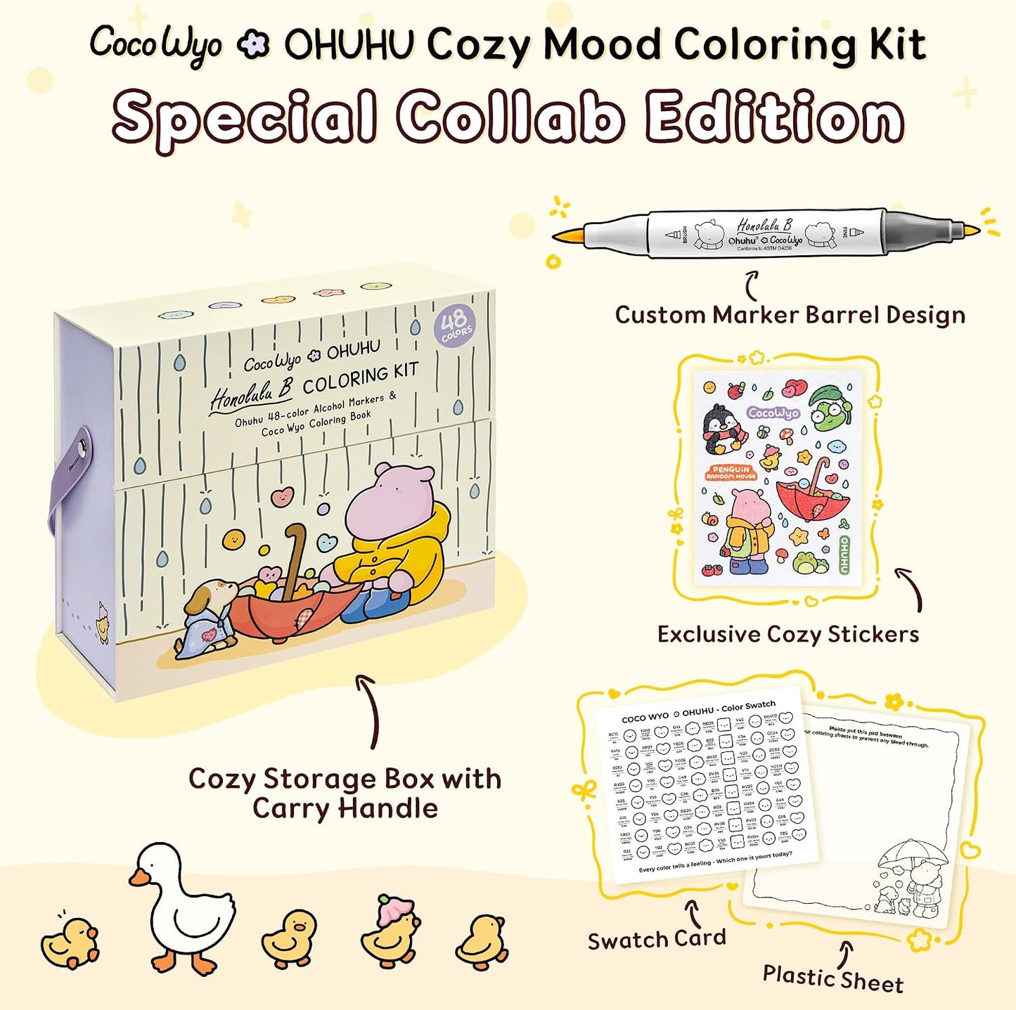Ohuhu x Coco Wyo Cozy Mood, Honolulu B, Set 48 Markere Bază Alcool, Dual Tips Brush&Fine Si Carte De Colorat, Y30-80406-62