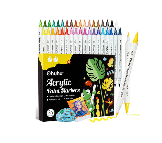 Ohuhu Set 36 Markere Acrilice, Varf Dublu, Brush si Fine, Rezervor Din Bumbac, Vopsea Cu Opacitate Ridicată Pentru Pictat Pietre, Hartie, Ouă, Lemn, Sticlă, Ceramică Y30-80601-74