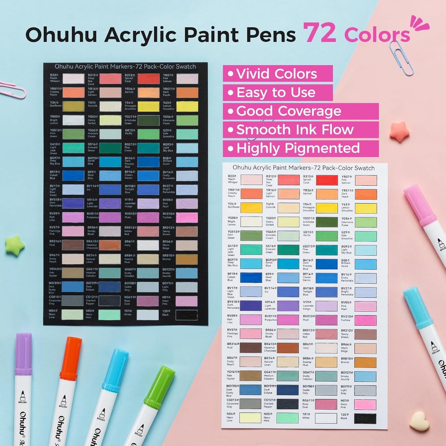 Ohuhu Set 72 Markere Acrilice Akaka, Varf Dublu Brush Dot, Vopsea Cu Opacitate Ridicată Pentru Pictat Pietre, Hartie, Ouă, Lemn, Sticlă, Ceramică Y30-80601-78