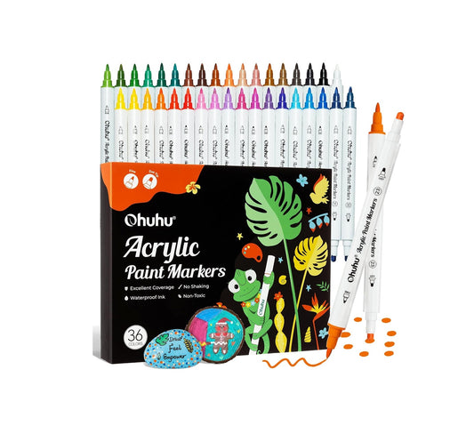 Ohuhu Set 36 Markere Acrilice, Varf Dublu, Fine si Dots, Rezervor Din Bumbac, Vopsea Cu Opacitate Ridicată Pentru Pictat Pietre, Hartie, Ouă, Lemn, Sticlă, Ceramică Y30-80601-76