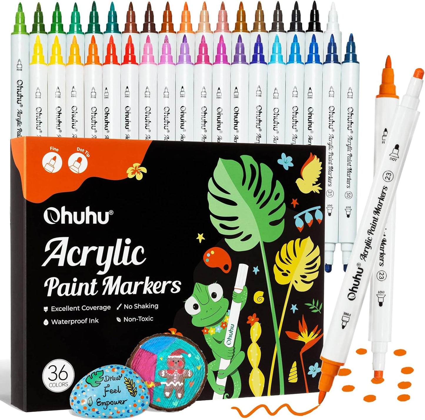 Ohuhu Akaka Set 36 Markere Acrilice, Varf Dublu, Fine si Dots, Rezervor Din Bumbac, Vopsea Cu Opacitate Ridicată Pentru Pictat Pietre, Hartie, Ouă, Lemn, Sticlă, Ceramică Y30-80601-76