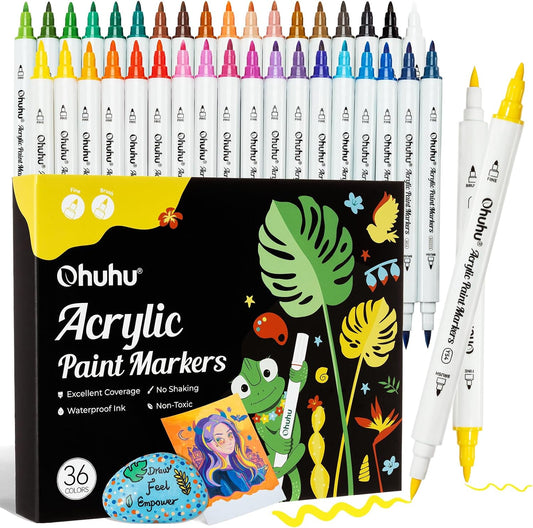Ohuhu Set 36 Markere Acrilice, Varf Dublu, Brush si Fine, Rezervor Din Bumbac, Vopsea Cu Opacitate Ridicată Pentru Pictat Pietre, Hartie, Ouă, Lemn, Sticlă, Ceramică Y30-80601-74