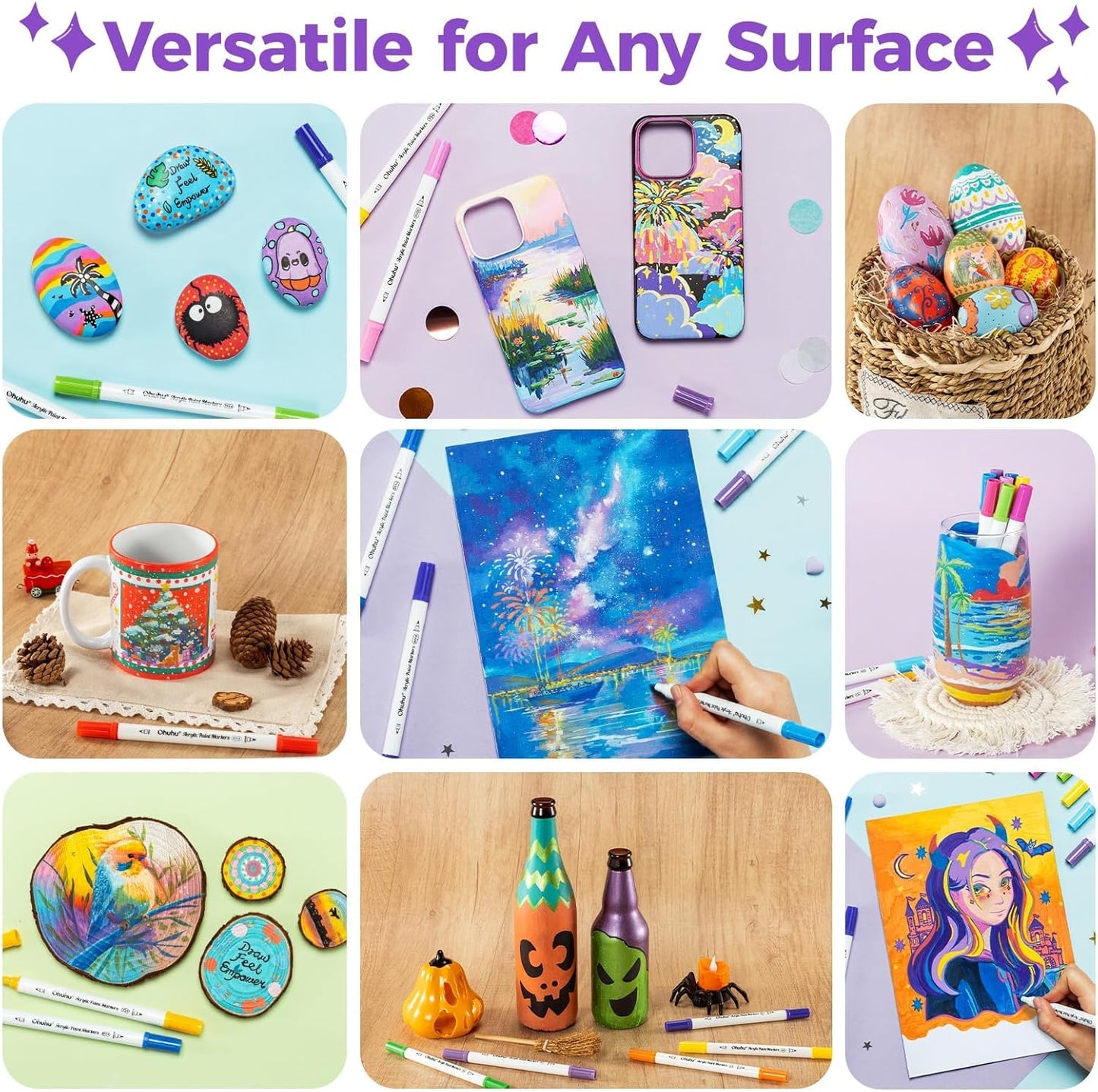 Ohuhu Set 72 Markere Acrilice Akaka, Varf Dublu Brush Fine, Vopsea Cu Opacitate Ridicată Pentru Pictat Pietre, Hartie, Ouă, Lemn, Sticlă, Ceramică Y30-80601-77