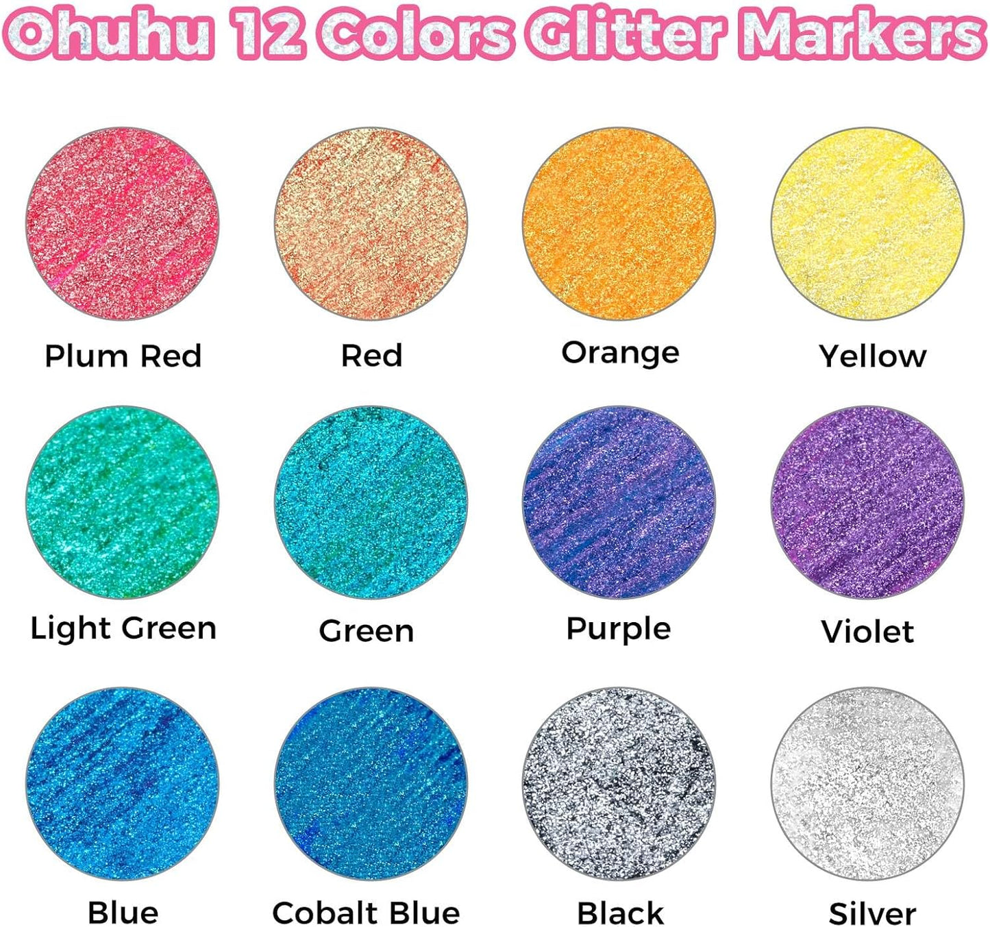 Ohuhu Set 12 Markere Glitter Metallic, Baza Apa, Varf Rotund 3.0 mm, Multicolor Y30-80601-97