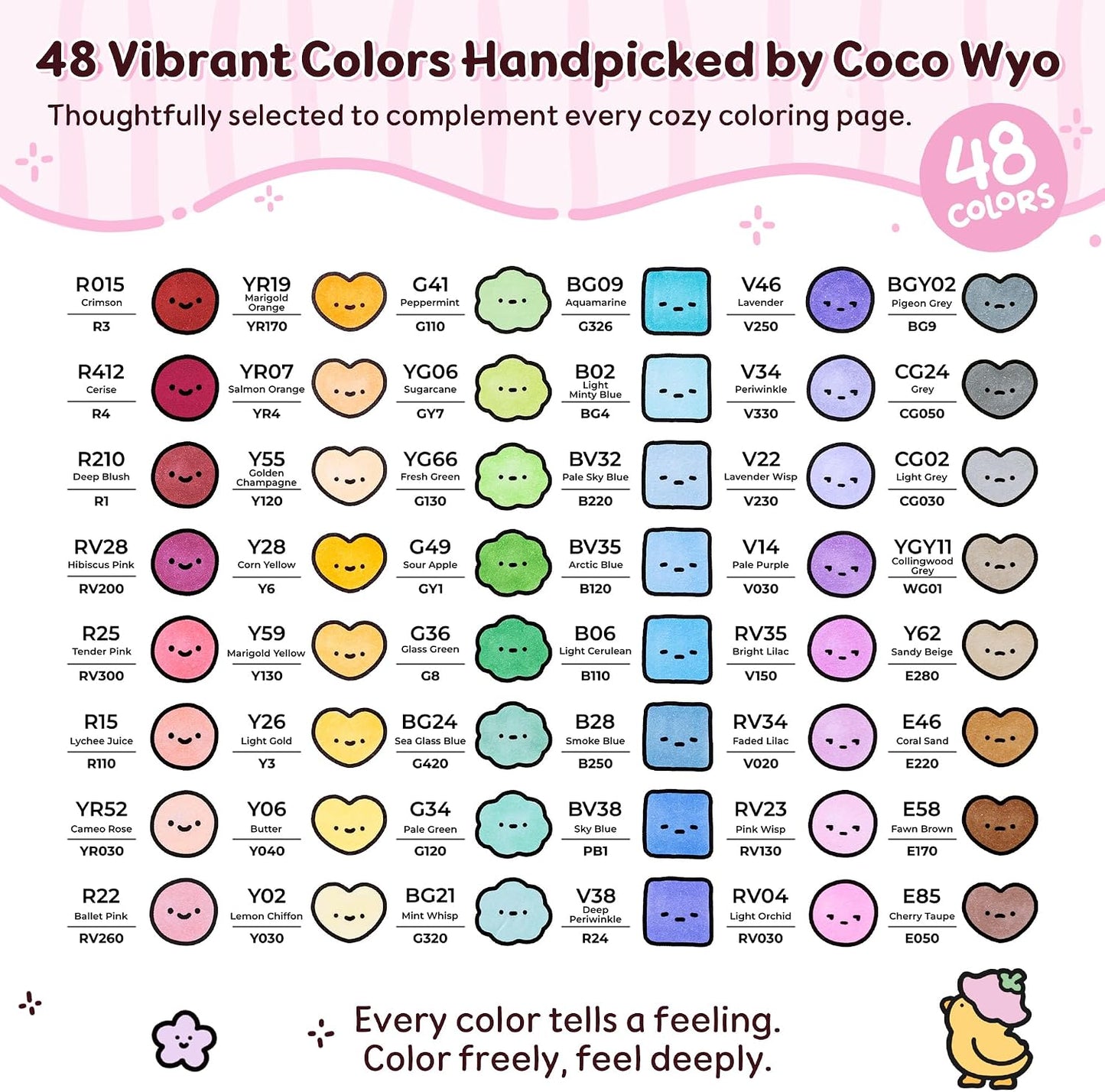 Ohuhu x Coco Wyo Cozy Mood, Honolulu B, Set 48 Markere Bază Alcool, Dual Tips Brush&Fine Si Carte De Colorat, Y30-80406-62