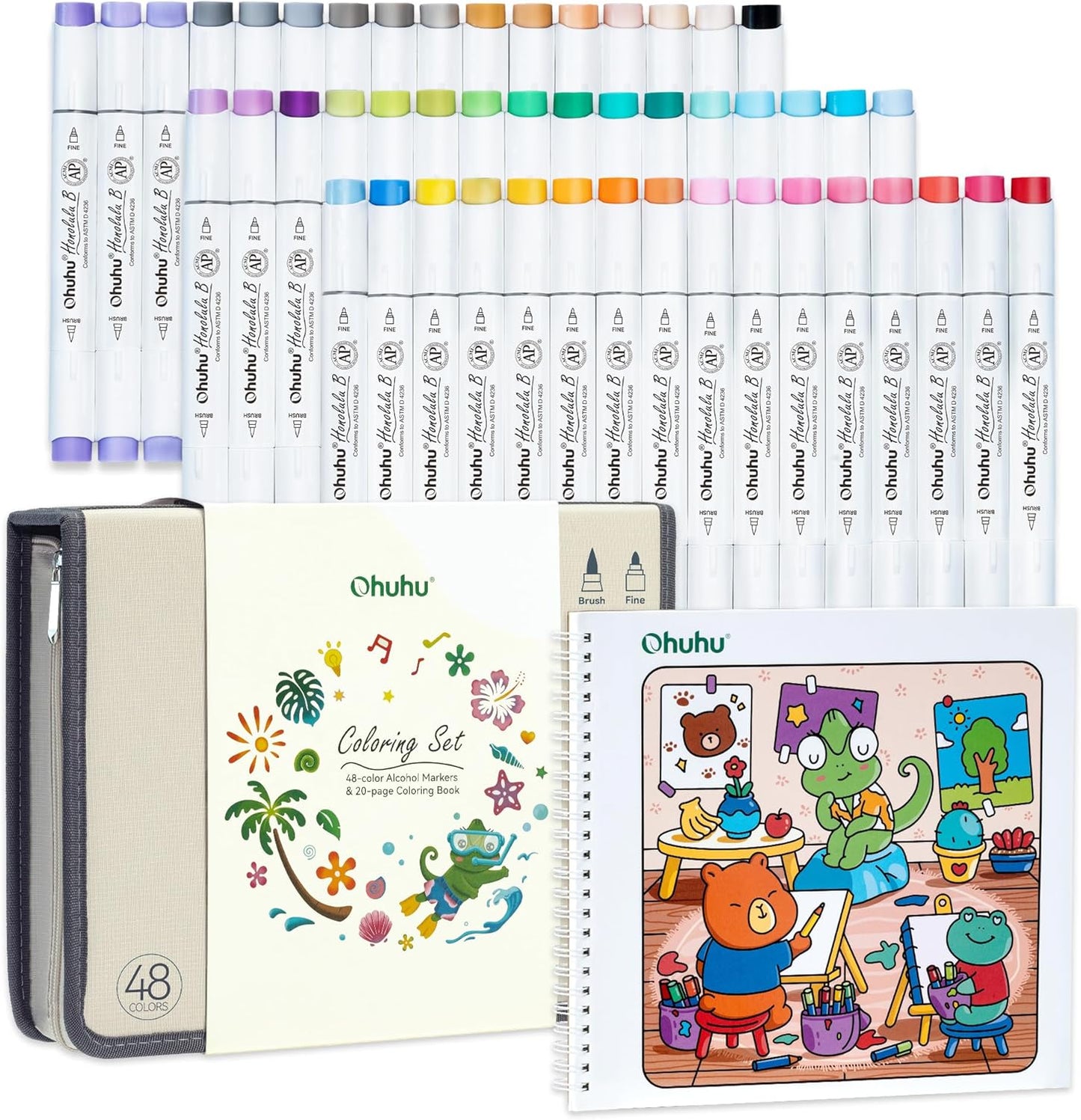 Ohuhu Honolulu B Set 48 Markere, Baza Alcool, Dual Tips Brush&Fine, Multicolor Si Carte De Colorat Y30-80406-18