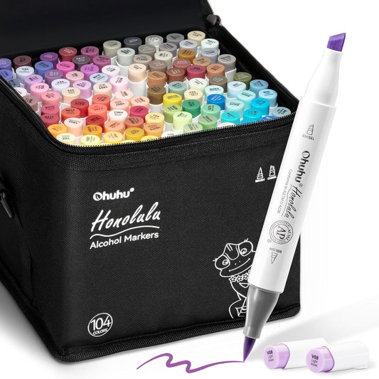 Ohuhu Honolulu Set 104 Markere, Baza Alcool, Dual Tips Brush&Chisel, Multicolor Y30-80404-09