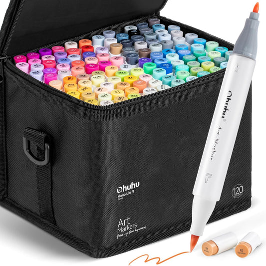 Ohuhu Honolulu B, Set 120 Markere, Baza Alcool, Dual Tips Brush&Fine, Multicolor Y30-80404-69