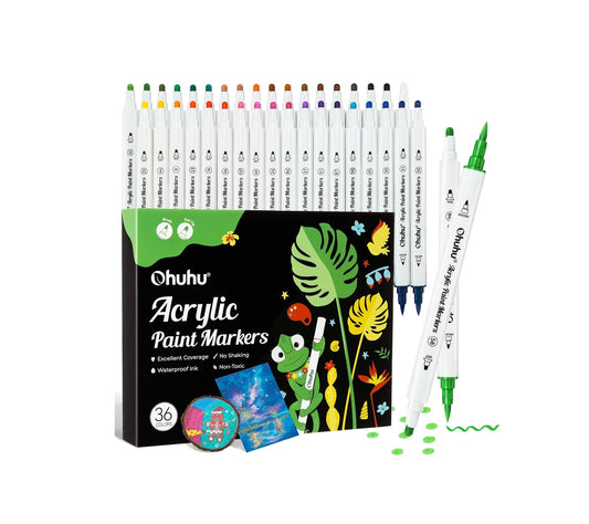 Ohuhu Set 36 Markere Acrilice, Varf Dublu, Brush si Dots, Rezervor Din Bumbac, Vopsea Cu Opacitate Ridicată Pentru Pictat Pietre, Hartie, Ouă, Lemn, Sticlă, Ceramică Y30-80601-75