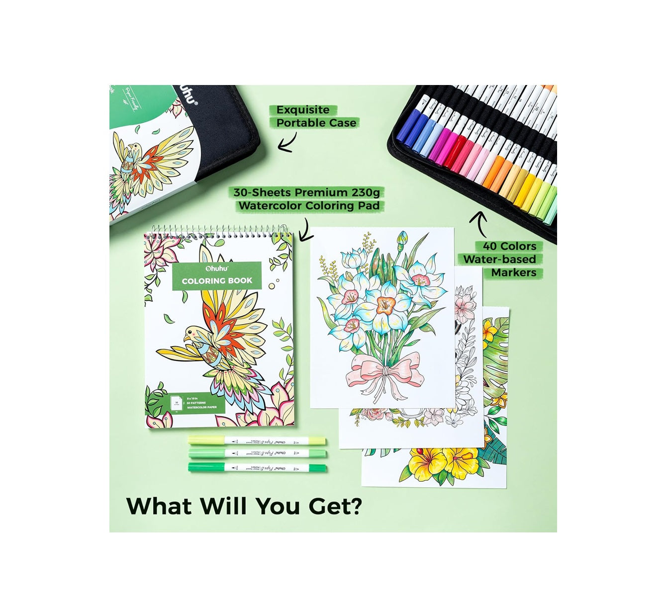Ohuhu Set 40 Markere Pupe B  Si Carte De Colorat, Varf Dublu Brush&Fine, Paper-Friendly, Hârtie, 230 g/m², Baza Apa, Y30-80601-65