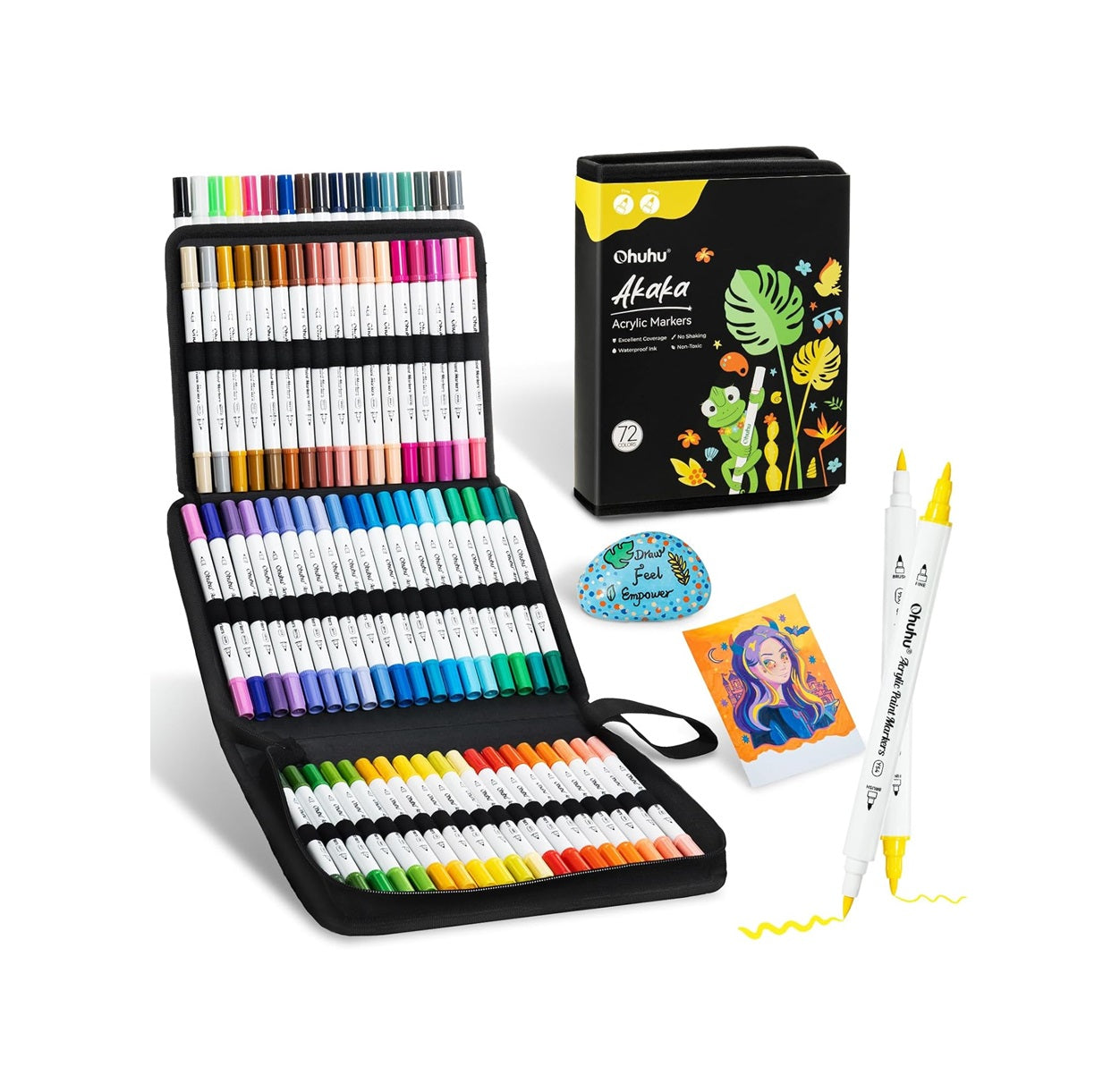 Ohuhu Set 72 Markere Acrilice Akaka, Varf Dublu Brush Fine, Vopsea Cu Opacitate Ridicată Pentru Pictat Pietre, Hartie, Ouă, Lemn, Sticlă, Ceramică Y30-80601-77