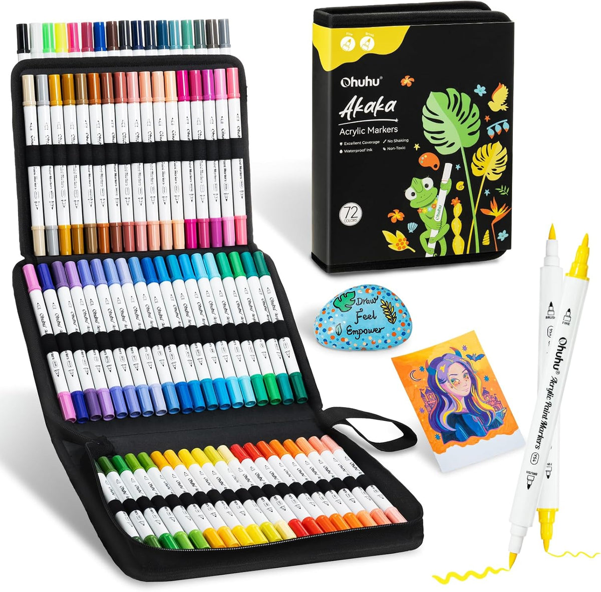 Ohuhu Akaka Set 72 Markere Acrilice, Varf Dublu Brush Fine, Vopsea Cu Opacitate Ridicată Pentru Pictat Pietre, Hartie, Ouă, Lemn, Sticlă, Ceramică Y30-80601-77
