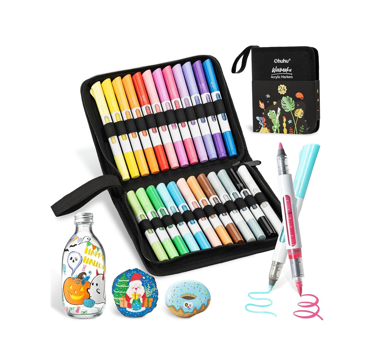 Ohuhu Set 24 Markere Acrilice Waimoku, Baza Apa, Varf Dublu Brush & Bullet, Control Automat Al Cernelii, Opacitate Ridicată, Pentru Sticla, Ceramica, Pietre, Lemn, Plastic, Hartie, Panza, Multicolor, Y30-80601-96