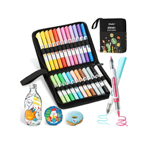 Ohuhu Set 24 Markere Acrilice Waimoku, Baza Apa, Varf Dublu Brush & Bullet, Control Automat Al Cernelii, Opacitate Ridicată, Pentru Sticla, Ceramica, Pietre, Lemn, Plastic, Hartie, Panza, Multicolor, Y30-80601-96