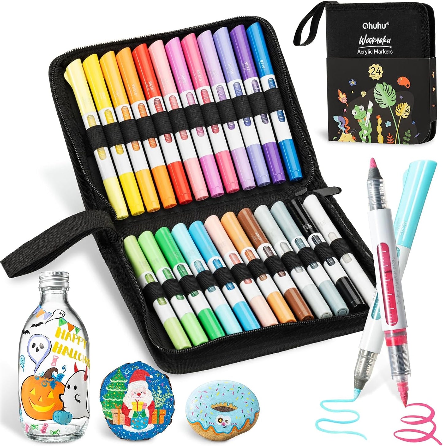 Ohuhu Waimoku Set 24 Markere Acrilice, Baza Apa, Varf Dublu Brush & Bullet, Control Automat Al Cernelii, Opacitate Ridicată, Pentru Sticla, Ceramica, Pietre, Lemn, Plastic, Hartie, Panza, Multicolor, Y30-80601-96