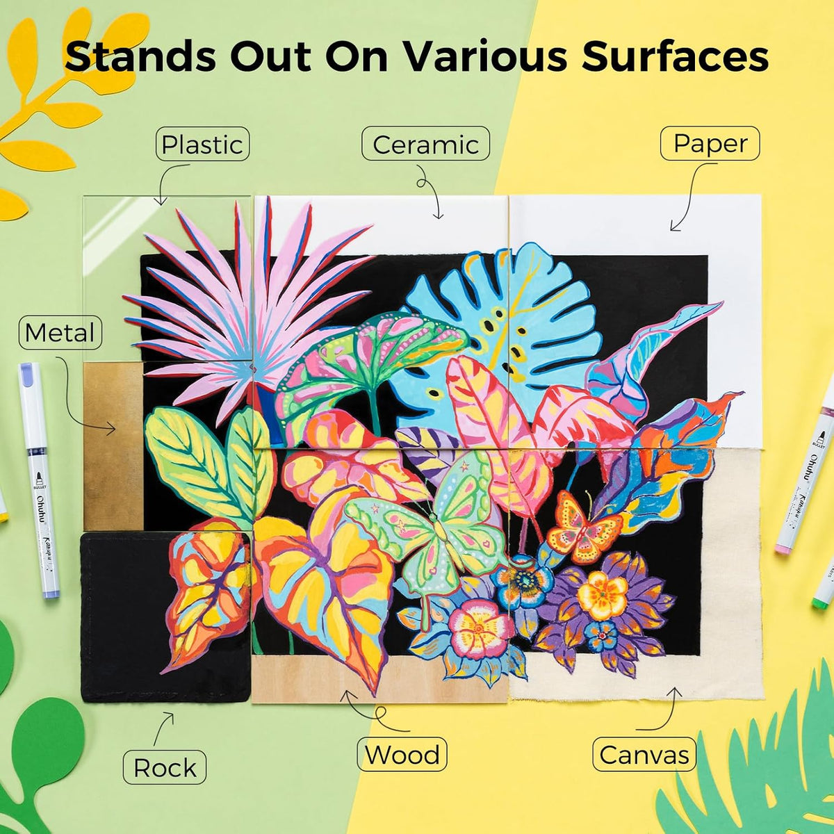 Ohuhu Kahuku Set 48 Markere Acrilice, Direct-Ink, Baza Apa, Varf Rotund, Pentru Sticla, Ceramica, Pietre, Lemn, Plastic, Hartie, Panza, Multicolor Y30-80602-10