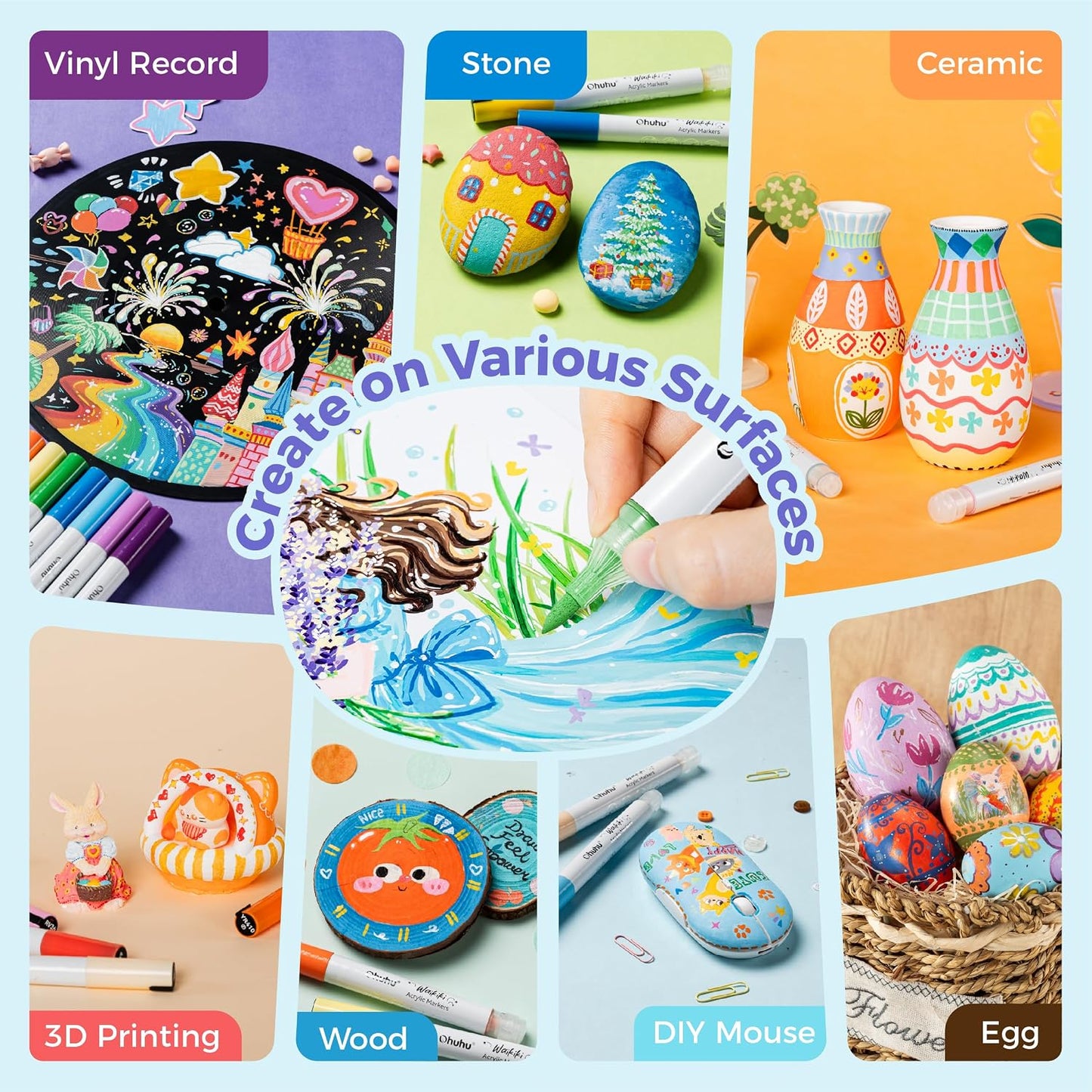Ohuhu Waikiki Set 36 Markere Acrilice, Baza Apa, Varf Brush Flexibil, Pentru Sticla, Ceramica, Pietre, Lemn, Plastic, Hartie, Panza, Multicolor Y30-80601-99