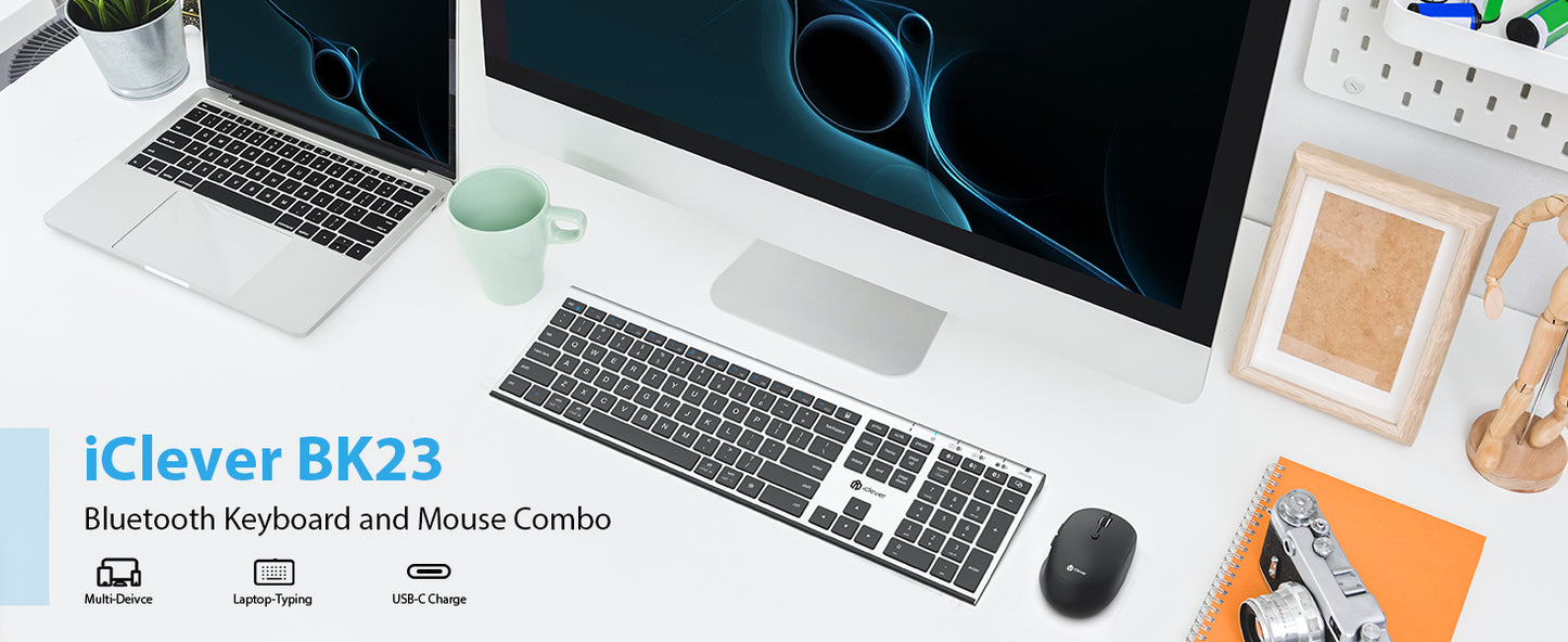 Tastatură Si Mouse iClever BK23, Bluetooth 5.1, Fără Fir, Reîncărcabilă USB-C, Cu Tastatură Numerică, Ultra-Subțire, Asociere Pana La Trei Dispozitive, Clic Silentios, Multi-OS