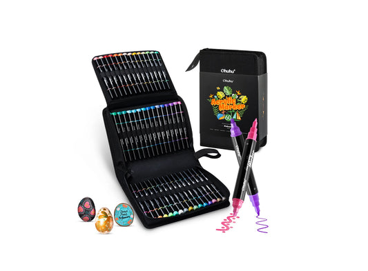 Ohuhu Set 60 Markere Acrilice, 24 De Culori Metalice, Varfuri Duble, Rotunde Si Fine, Vopsea Cu Opacitate Ridicată Pentru Pictat Pietre, Hartie, Ouă, Lemn, Sticlă, Ceramică Y30-80601-59
