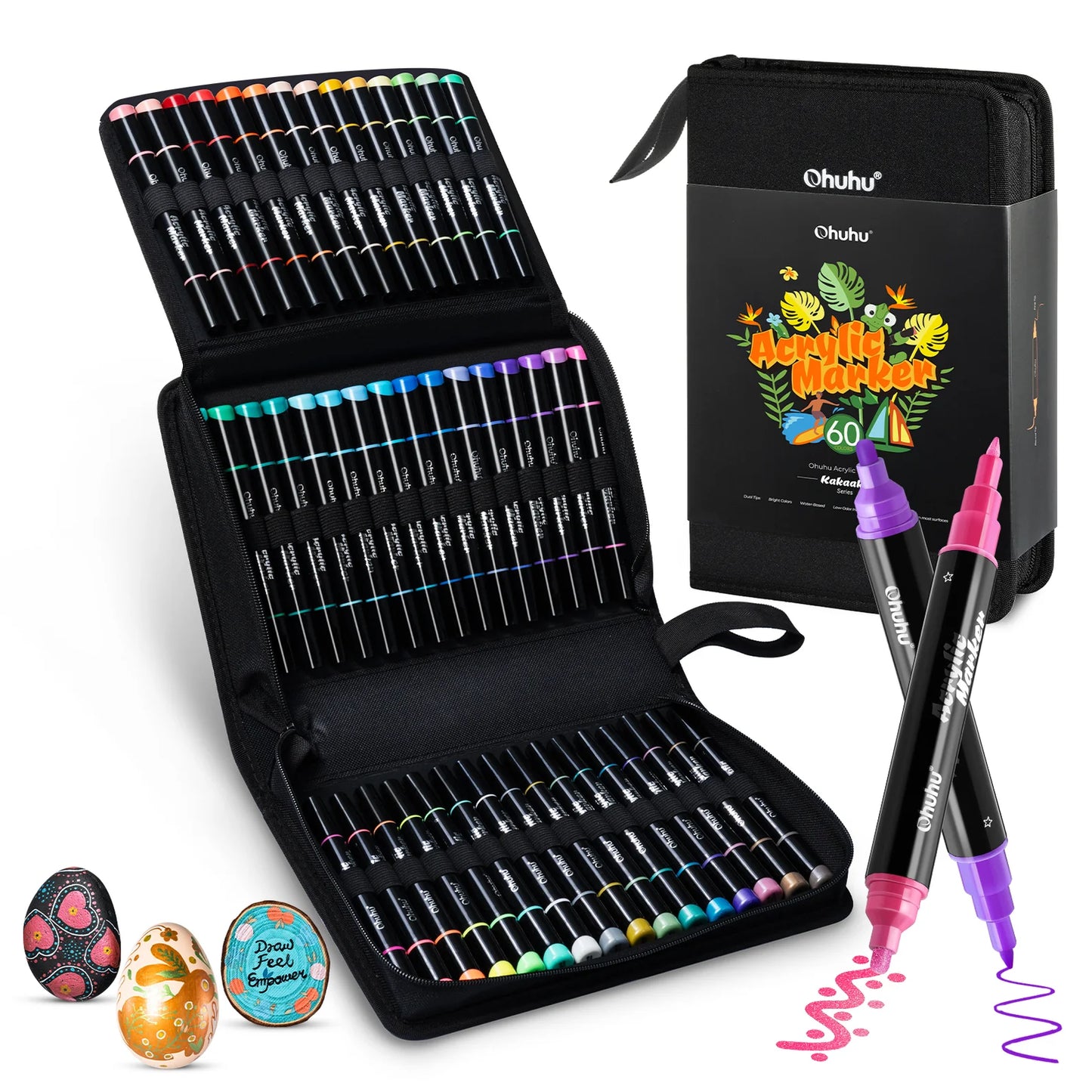 Ohuhu Kakaako Set 60 Markere Acrilice, 24 De Culori Metalice, Varfuri Duble, Rotunde Si Fine, Vopsea Cu Opacitate Ridicată Pentru Pictat Pietre, Hartie, Ouă, Lemn, Sticlă, Ceramică Y30-80601-59