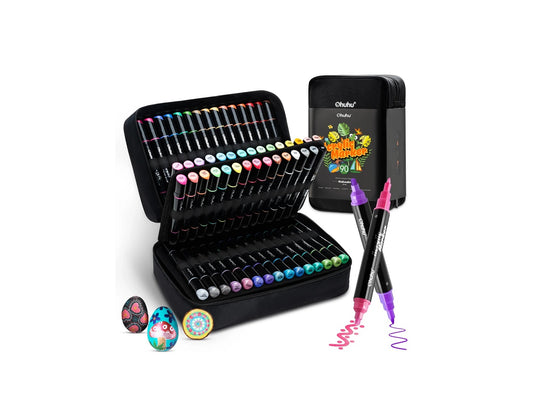 Ohuhu Set 90 Markere Acrilice, 24 De Culori Metalice, Varfuri Duble, Rotunde Si Fine, Vopsea Cu Opacitate Ridicată Pentru Pictat Pietre, Hartie, Ouă, Lemn, Sticlă, Ceramică Y30-80601-60