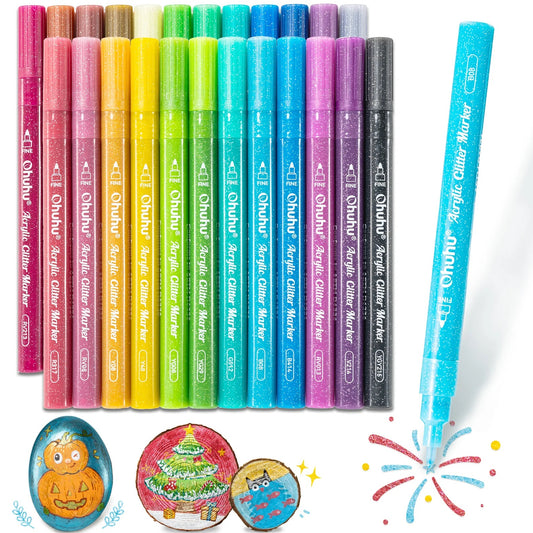 Ohuhu Set 24 Markere Acrilice Cu Sclipici Si Efect Metalizat, Vopsea Baza Apa, Varf 0.7mm, Multicolor, Y30-80602-02