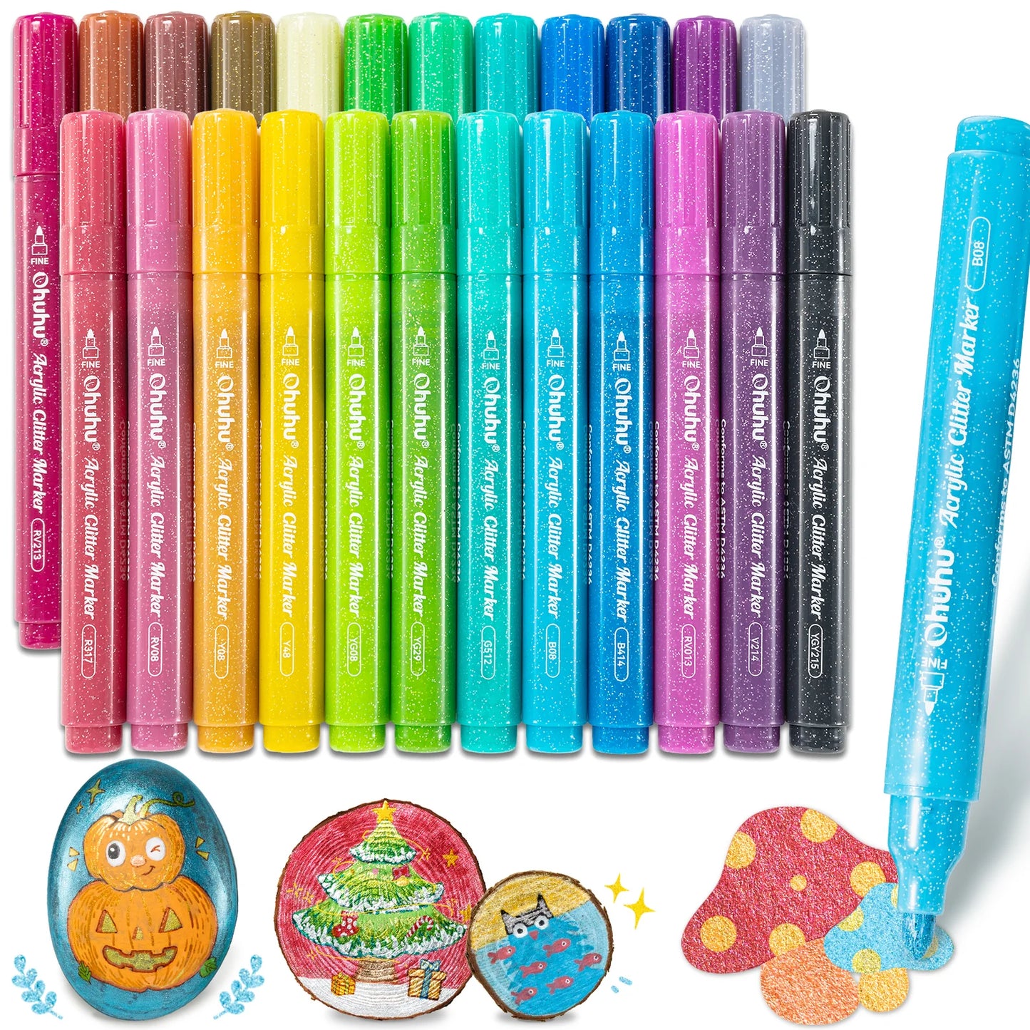 Ohuhu Set 24 Markere Acrilice Cu Sclipici Si Efect Metalizat, Vopsea Baza Apa, Varf 3mm, Multicolor, Y30-80602-01