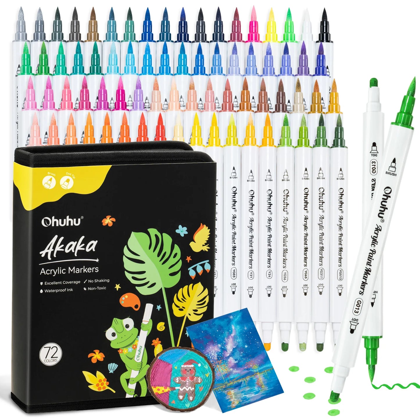 Ohuhu Akaka Set 72 Markere Acrilice, Varf Dublu Brush Dot, Vopsea Cu Opacitate Ridicată Pentru Pictat Pietre, Hartie, Ouă, Lemn, Sticlă, Ceramică Y30-80601-78