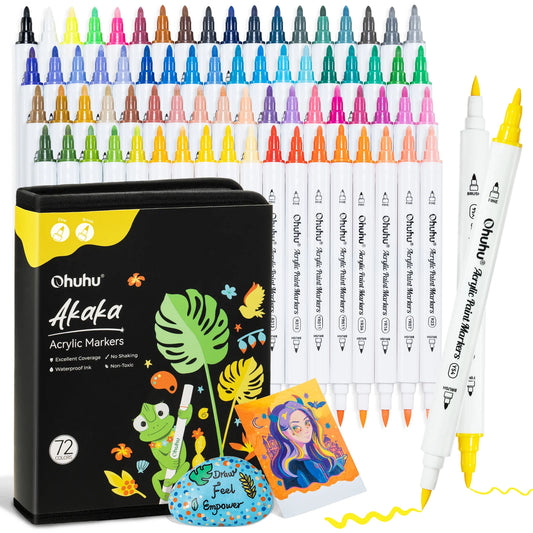 Ohuhu Akaka Set 72 Markere Acrilice, Varf Dublu Brush Fine, Vopsea Cu Opacitate Ridicată Pentru Pictat Pietre, Hartie, Ouă, Lemn, Sticlă, Ceramică Y30-80601-77