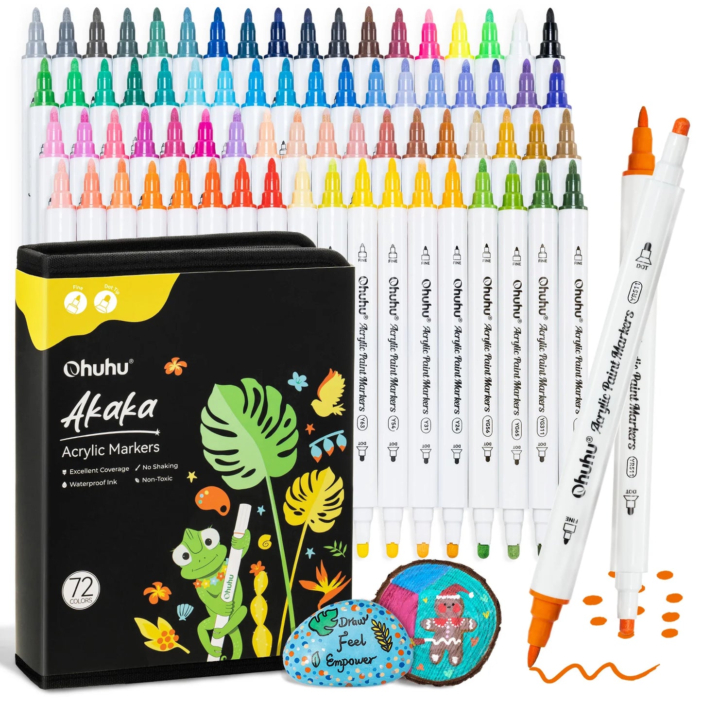 Ohuhu Akaka Set 72 Markere Acrilice, Varf Dublu Dot Fine, Vopsea Cu Opacitate Ridicată Pentru Pictat Pietre, Hartie, Ouă, Lemn, Sticlă, Ceramică Y30-80601-79