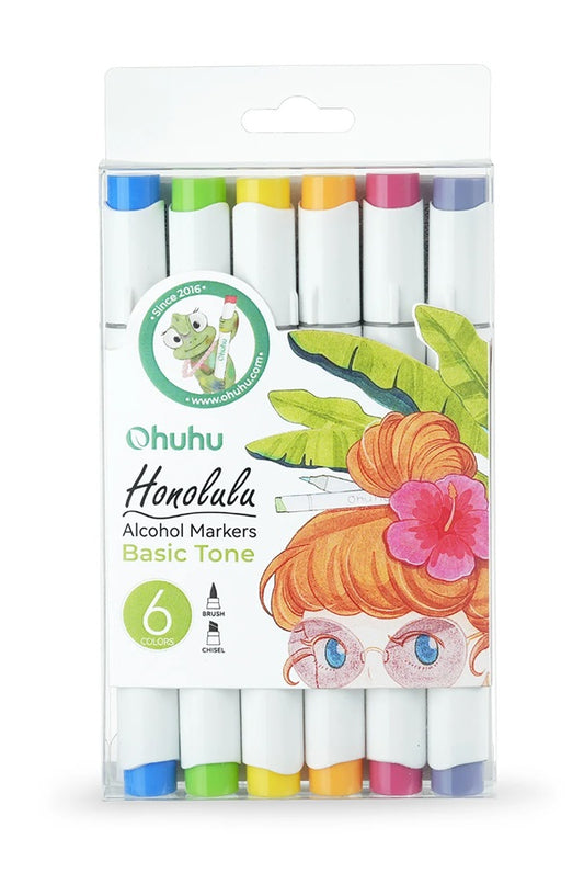 Ohuhu Honolulu, Set 6 Markere, Varf Dublu, Reversibil, Interschimbabil Brush Chisel, Baza Alcool, Culori Basic Y30-80403-51