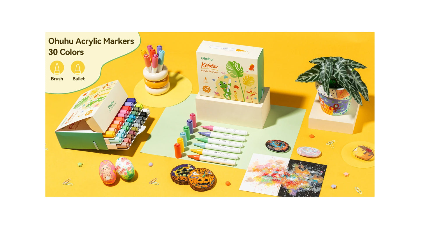 Ohuhu Set 30 Markere Acrilice Kalalau, Baza Apa, Varf Brush Flexibil, Pentru Sticla, Ceramica, Pietre, Lemn, Plastic, Hartie, Panza, Multicolor Y30-80601-82
