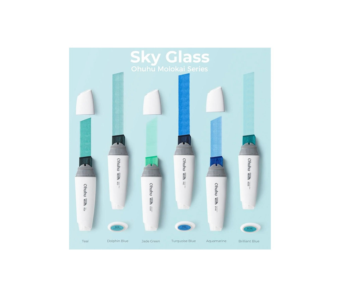 Ohuhu Molokai Set 6 Markere, Baza Alcool, Varf Extra Lat, Sky Glass  Tones Y30-80402-41