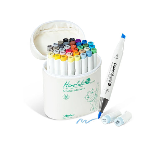 Ohuhu Honolulu Plus, Series Supreme, Set 36 Markere, Baza Alcool, Dual Tips Brush&Chisel, Cu Vârf Pensulă Din Cauciuc, Multicolor, Y30-80403-45