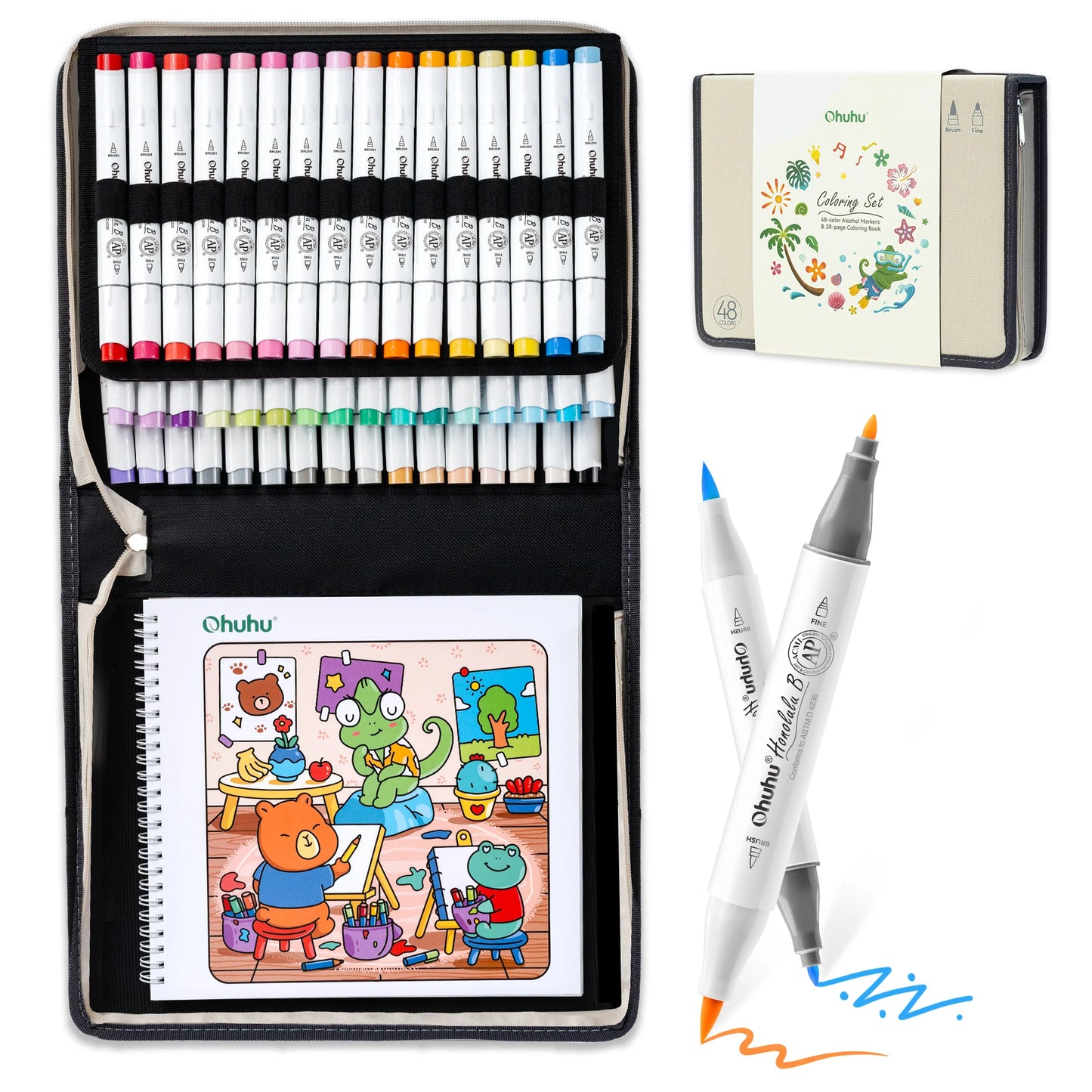 Ohuhu Honolulu B Set 48 Markere, Baza Alcool, Dual Tips Brush&Fine, Multicolor Si Carte De Colorat Y30-80406-18