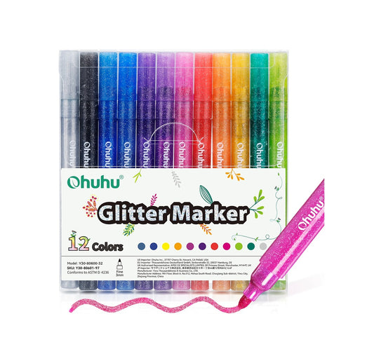 Ohuhu Set 12 Markere Glitter Metallic, Baza Apa, Varf Rotund 3.0 mm, Multicolor Y30-80601-97