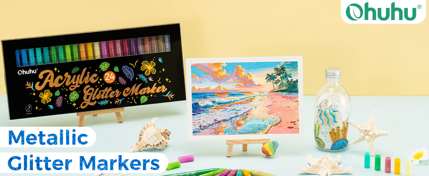 Ohuhu Set 24 Markere Acrilice Cu Sclipici Si Efect Metalizat, Vopsea Baza Apa, Varf 3mm, Multicolor, Y30-80602-01