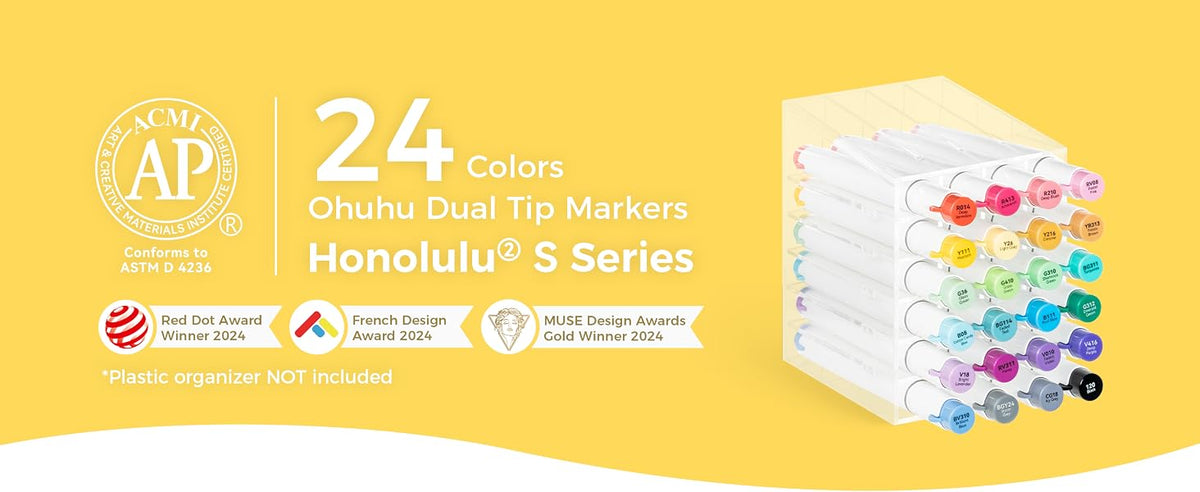 Ohuhu Honolulu² S, Set 24 Markere, Baza Alcool, Dual Soft Tips Brush&Soft Chisel, Multicolor Y30-80406-39