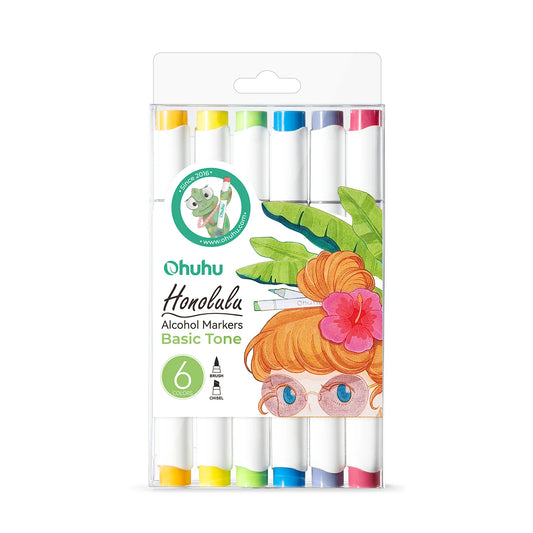 Ohuhu Honolulu, Set 6 Markere, Varf Dublu, Reversibil, Interschimbabil Brush Chisel, Baza Alcool, Culori Basic Y30-80404-40