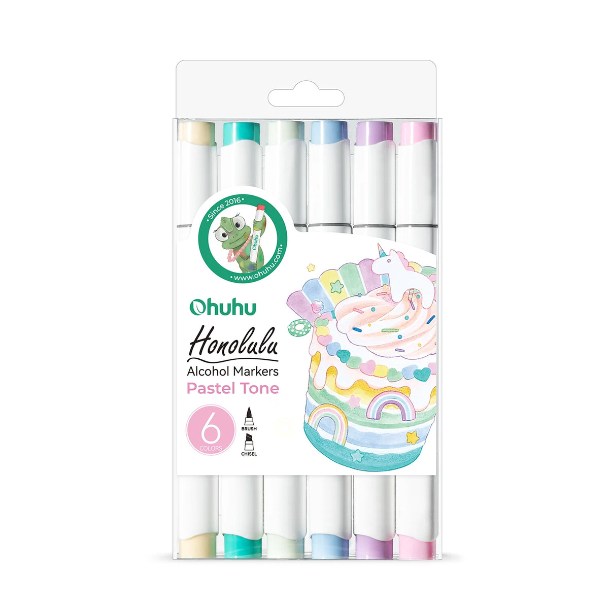 Ohuhu Honolulu, Set 6 Markere, Varf Dublu, Reversibil, Interschimbabil Brush Chisel, Baza Alcool, Culori Pastel Y30-80404-38